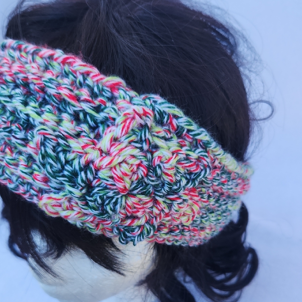 Handmade Crochet Multicolor Headband Ear Warmer in Peppermint Meringue - Picture 2 of 4